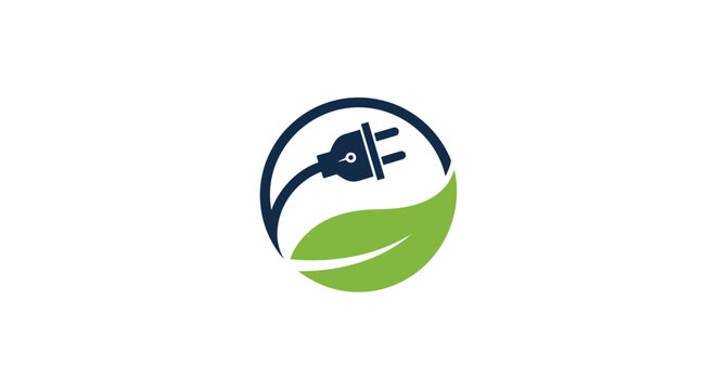Eco-friendly power plug logo design featuring a dark blue cord forming a circle around a vibrant green leaf.