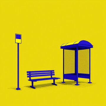 A bus stop features bold shapes such as a bench, sign post, and shelter, displayed in cobalt and yellow colors, with a minimal constructivist style.