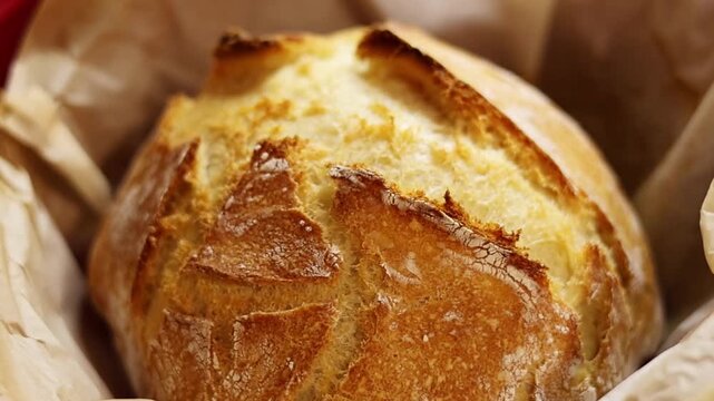 Slow zoom in on a golden brown crust of a round loaf of artisan bread resting in parchment paper inside a red Dutch oven.