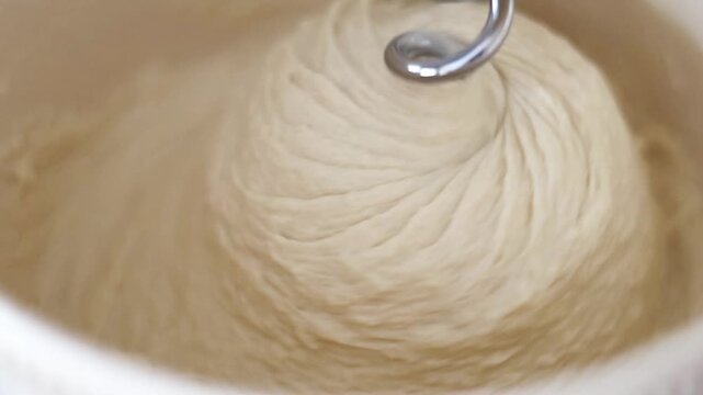 Close-up of a yellow stand mixer kneading smooth dough in a white bowl. Ideal for baking, cooking, and culinary process footage.