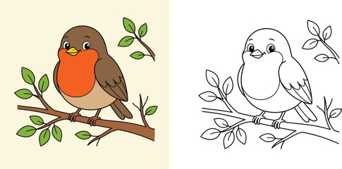 Fototapeta premium Cute cartoon robin bird on a tree branch coloring page with colored template. Vector outline illustration of little bird line art for kids educational activity book