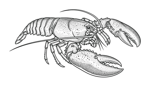 Intricate stipple drawing of a lobster showing detailed texture on its shell claws and long antennae.