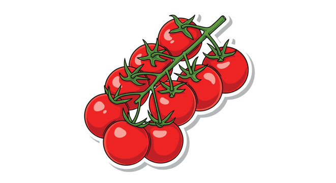 Bright red cherry tomatoes on a green vine depicted as a sticker with a thick white border on a plain background.