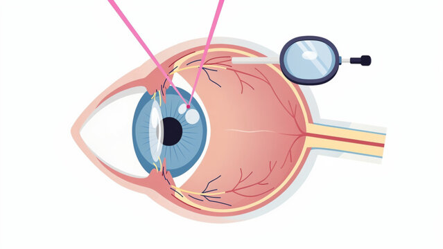 Detailed medical illustration of human eye anatomy with surgical tools and anatomy highlighting