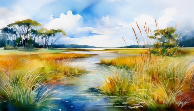 watercolor coastal marsh landscape serpentine river grasses and cloudy sky watercolor painting marsh estuary marsh landscape coastal scene