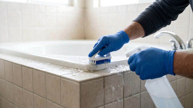 Professional cleaner wearing blue gloves using a scrubbing brush and sanitizer spray to clean mold and grime from bathroom bathtub tiles during a home maintenance service