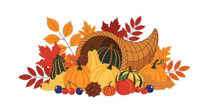 Traditional autumn harvest cornucopia overflowing with pumpkins, squashes, apples, berries, and colorful fall leaves for thanksgiving.