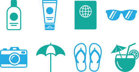 Set of travel and vacation icons including sunscreen lotion bottle tube passport sunglasses camera parasol flip flops tropical cocktail with summer time, holiday maker © manosh