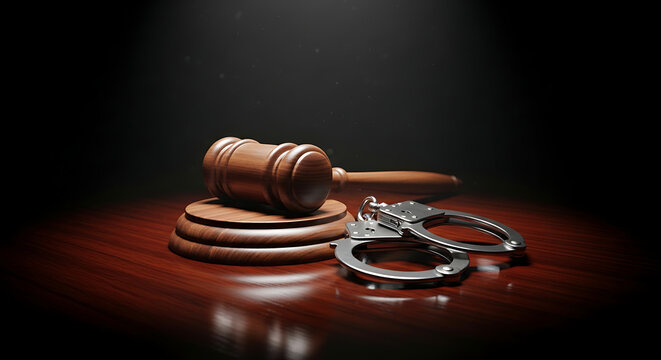 Wooden judge gavel and metallic handcuffs under spotlight