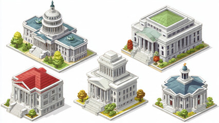 Fototapeta premium Isometric View of Classic Government Buildings with Diverse Roof Styles and Green Spaces