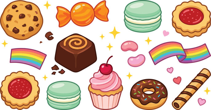 Sweet Cartoon Candy and Bakery Dessert Icon Set with Cookie Macaron Cupcake Donut Chocolate and Jam Biscuit for Confectionery Vector Graphic Designs
