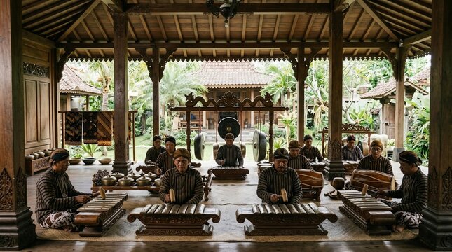Traditional musicians playing instruments in a wooden pavilion