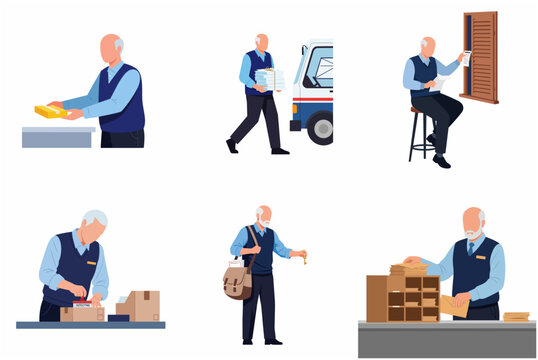 Senior Male Postal Worker Character Set Performing Post Office Duties and Mail Delivery