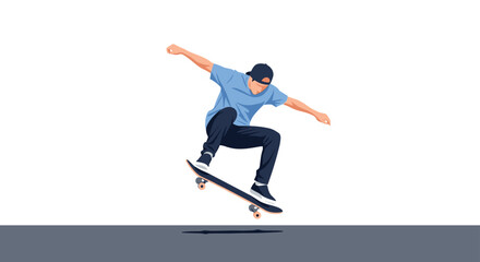 Fototapeta premium Skateboarder performing an ollie jump in mid air against a white background representing street culture and athletic skill.