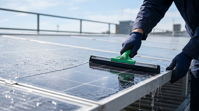 Close up of a maintenance worker wearing gloves using a green squeegee to clean water and dirt off solar panels on a rooftop for better energy efficiency
