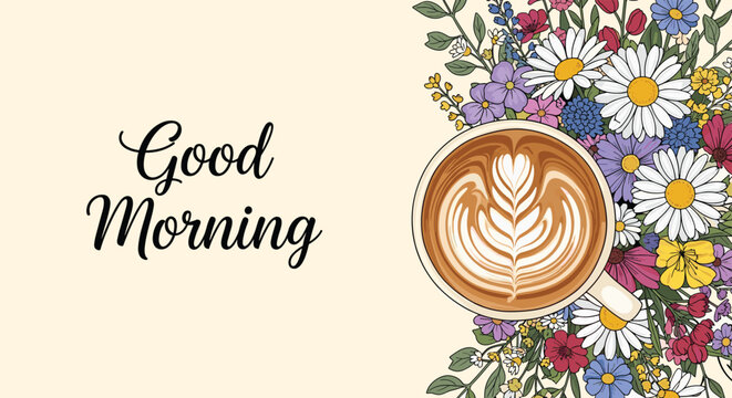 Beautiful flat lay illustration of a latte art coffee cup surrounded by a colorful bouquet of spring flowers with good morning text.