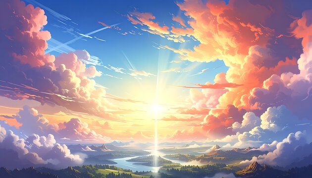 Vibrant pixel art landscape at sunrise with sunbeams breaking through dramatic clouds over rolling hills and a river, serene sky