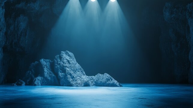 Dramatic cave interior with rugged rocks and spotlight beam