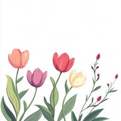 Obraz premium Colorful tulips and flowers bloom on white background with green leaves