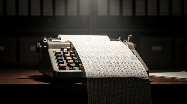Vintage Typewriter With Long Paper Scroll in Dim Light