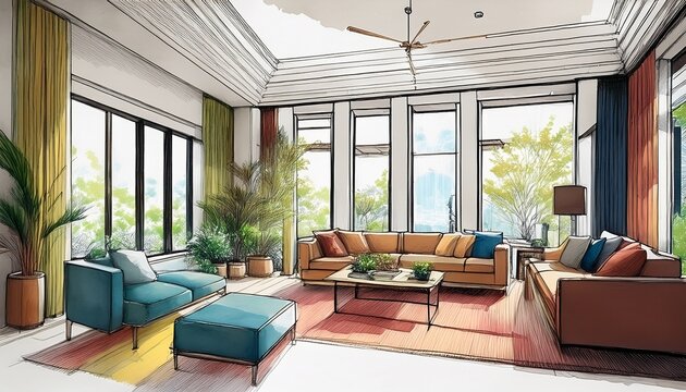 modern living room sketch high ceiling design color pencil rendering spacious interior large windows interior design home decor interior design home decor
