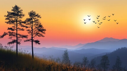Fototapeta premium Silhouette pine trees overlooking misty blue mountain ranges during a golden hour sunset with flying birds