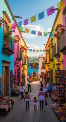 Fototapeta premium Colorful Colonial Street Decorated with Papel Picado and Market Stalls in Sunny Mexican Town