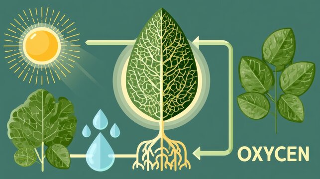 Illustration explains the photosynthesis process in plants showing sunlight, water uptake through roots, and oxygen release in a simple diagram