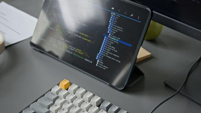 No people close-up of desk of algorithm developer at tech company, with hand drawn block scheme, keyboard, tablet displaying lines of computer code on black background during working on project