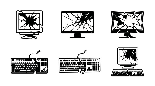 Broken computer screens and keyboards damaged.