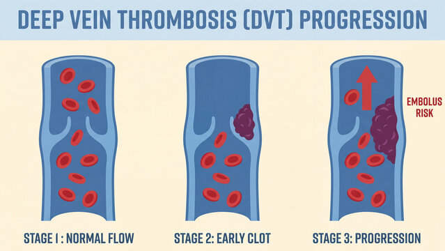 Deep vein thrombosis progression stages showing normal blood flow early clot formation and embolus risk in medical vascular health education diagram