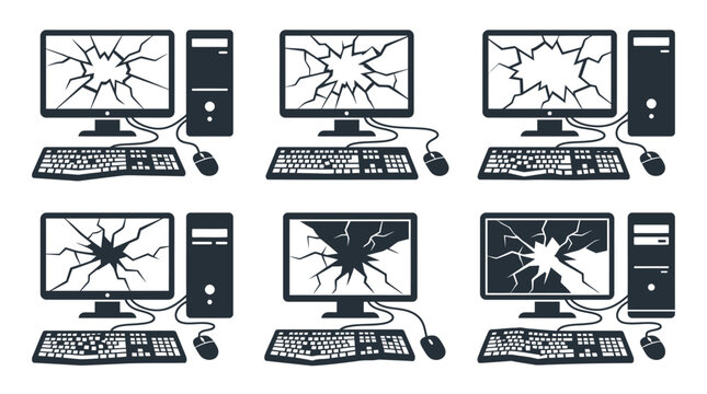 Cracked computer screens in a row.