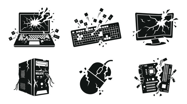 Damaged computer hardware components exploding.