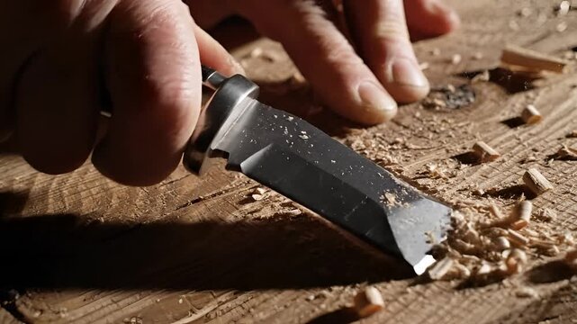 Closeup of hands carving wood with a chisel creating shavings.