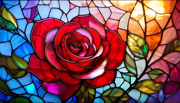 colorful stained glass window in a red rose closeup of photo