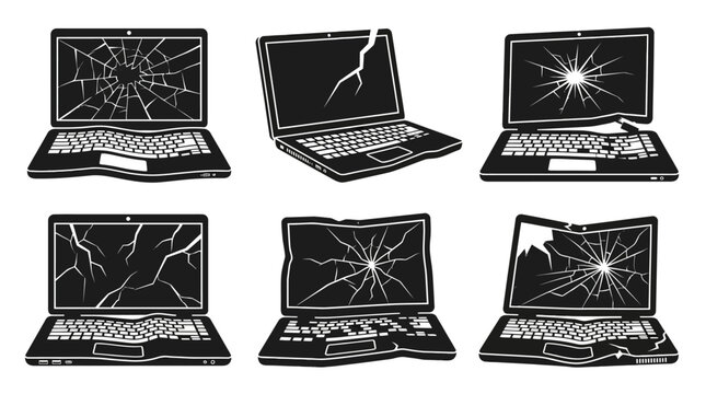 Damaged laptops with cracked screens broken.