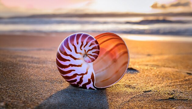 pink and gold nautilus shell on beach close up composition golden hour lighting fibonacci spiral concept seashell photography nautilus seashore