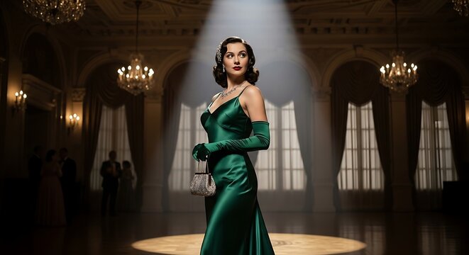 Elegant Woman in Emerald Evening Gown Standing Under Spotlight in Grand Ballroom