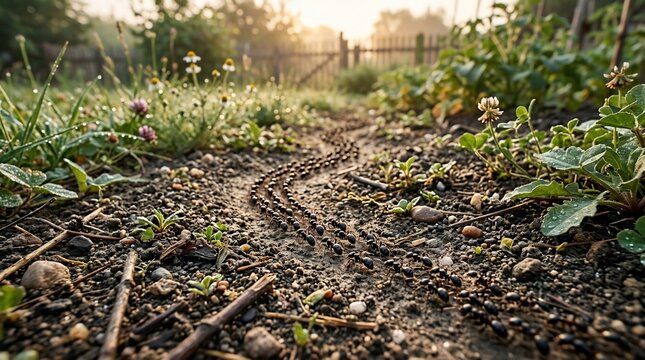 Garden path with plants and flowers at sunrise