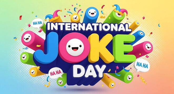 International joke day with animated characters, colorful 3d letters, confetti, and "ha ha" speech bubbles on a gradient background