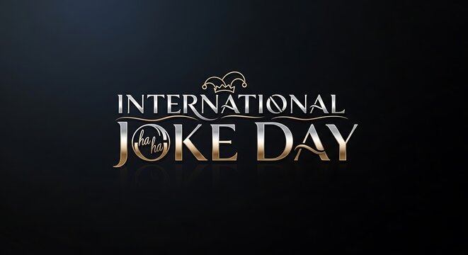 Metallic text "international joke day" with jester hat and subtle sparkle effect on dark gradient background, keywords: international, joke, day