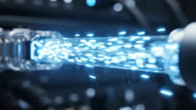 Close up of glowing blue fiber optic cables transmitting data
