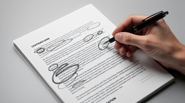 Hand holding pen reviewing and marking a document