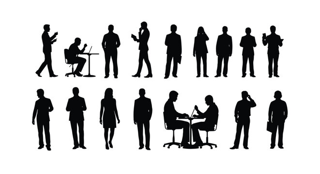 Large group of human silhouettes in professional business poses including people sitting at desks walking and working on laptops.