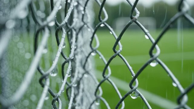 Wet chain link fence with green field