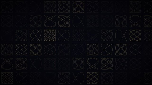 Golden mathematical Lissajous curves grid on black background