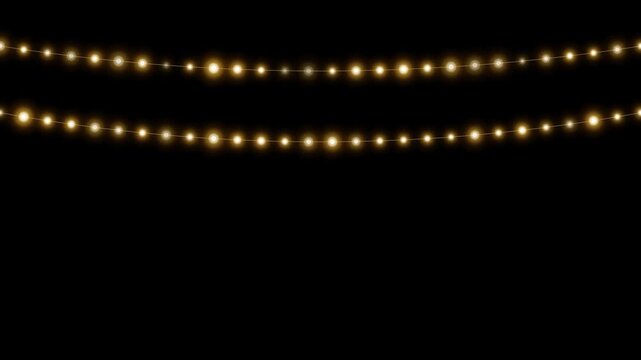 Golden string lights garland glowing twinkling festive loop on black alpha channel background