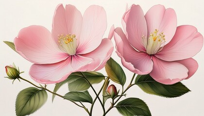 Obraz premium botanical drawing of two delicate pink flowers on a green stem with a small bud and leaves on a white background