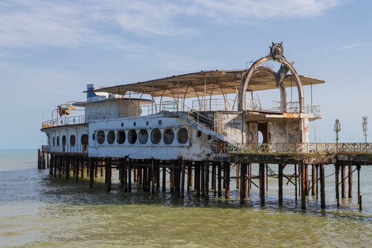 SUKHUM, ABKHAZIA - MAY 17, 2025: The abandoned seafood restaurant "Amra" on a sunny May day. Sukhum, Abkhazia