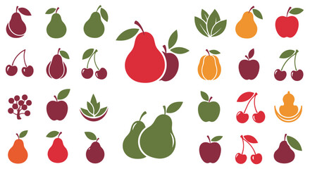 Fototapeta premium Extensive collection of colorful fruit icons including pears apples and cherries in a modern and clean flat design style.